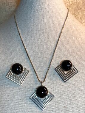 C. Noir Sterling Silver Black Onyx Necklace & Earrings Set Signed STG 925 Italy